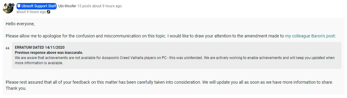 《刺客信条：英灵殿》PC版取消成就系统 育碧致歉并将恢复